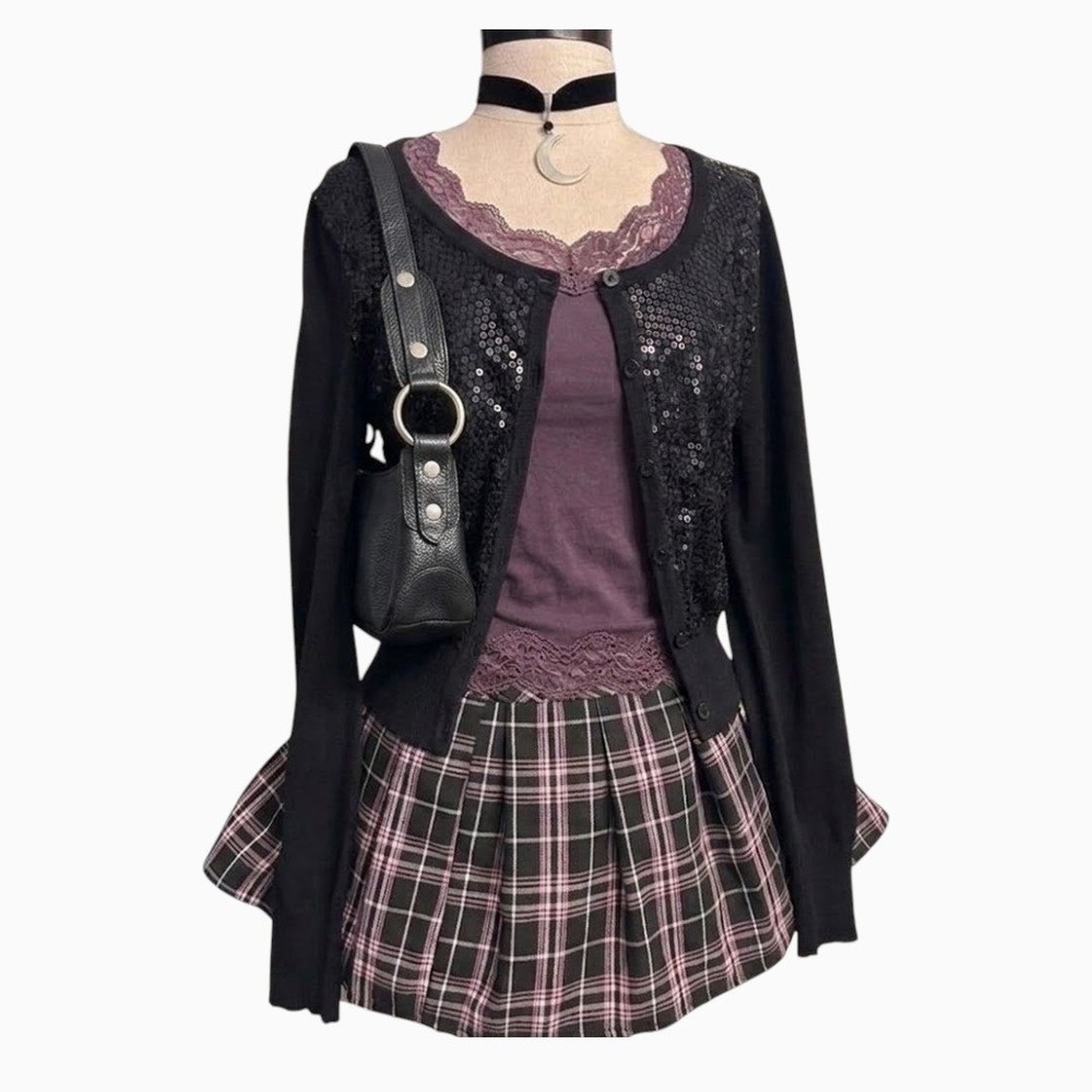 Black Sequin Cardigan Front Button Up Sweater SMALL Vintage Y2K Circa 2010